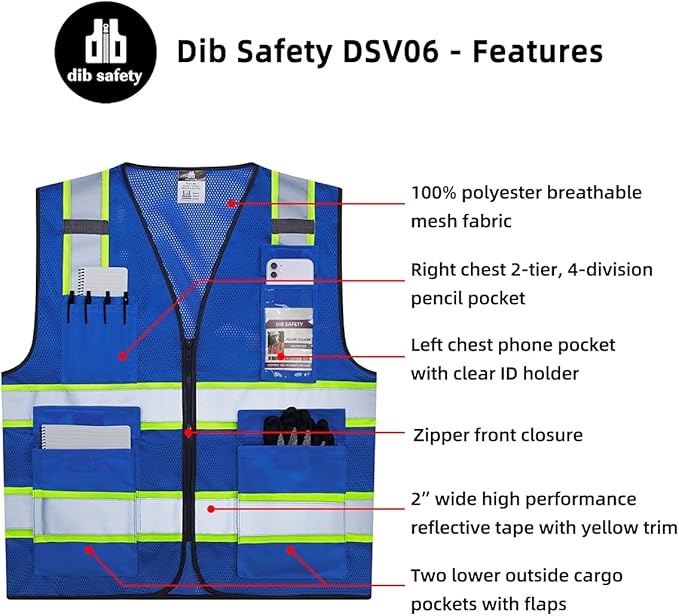 Dib Safety Reflective Mesh Vest High Visibility Two Tone with Pockets and Zipper, Blue Mesh with Yellow Trim 3X