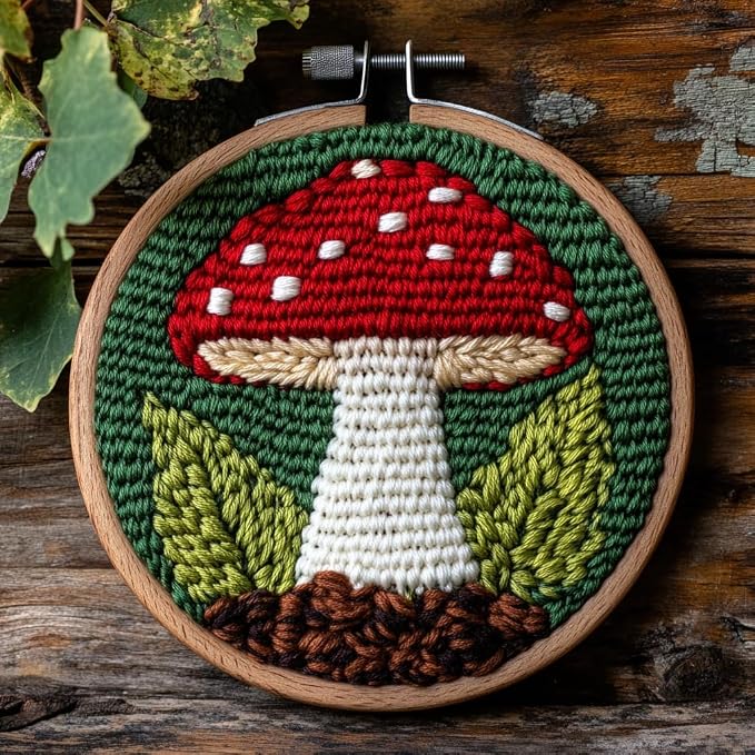 Punch Needle Kits for Beginners Red Mushroom 20x20cm | Easy for Beginners by Unknown