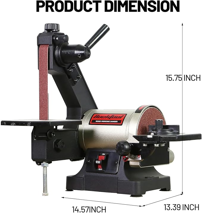 Bucktool 1x30 Inch Bench Belt Sander with 5 Inch Disc with Wrench Storage and Easy Belt Cover Off, 1/3HP Direct Drive Benchtop Belt Disc Sander