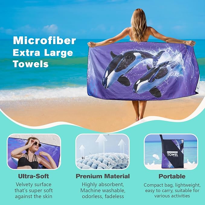 Killer Whale Beach Towel Oversized 36" x 72", Thin Lightweight Sand Free Quick Dry Microfiber Towel for Swimming Pool Cruise Camping Travel