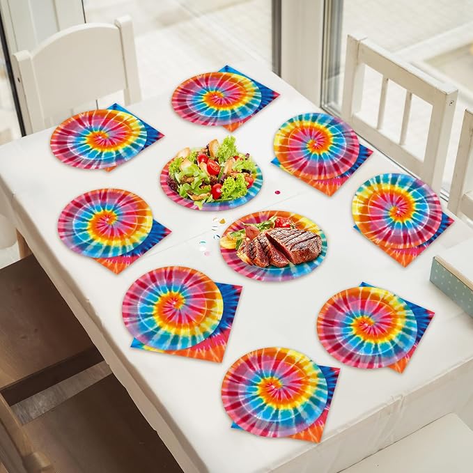 48Pcs Tie Dye Paper Plates and Napkins Rainbow Tie Party Decorations Dye - Image 5