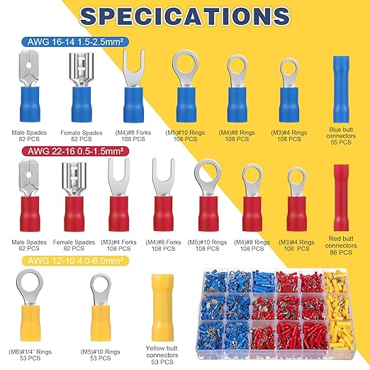 1700 Pcs Electrical Crimp Terminals Mixed Insulated Wire Connectors Assortment Kit Electronic Solderless Spade Connector Quick Disconnect Rings Fork Butt with Storage Box for Home Garage Workshop