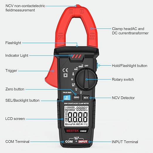 MESTEK Digital Clamp Meter Multimeter, TRMS 6000 Counts Auto-ranging Amp Voltage Tester, Measures AC/DC Current, Voltage, Temperature, Capacitance, Resistance, Continuity, Diode & NCV