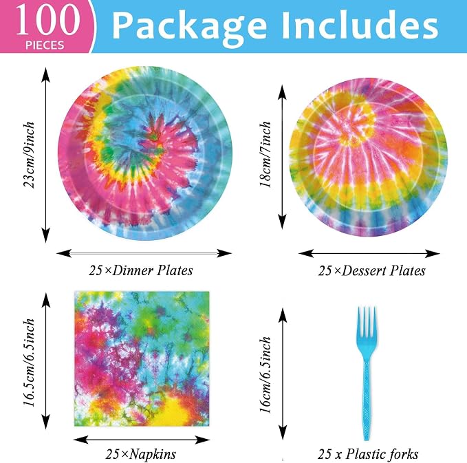 Qyeahkj 25 Guests Tie-Dye Party Supplies, Tie-Dye Party Plates Napkins Forks Set - Image 2