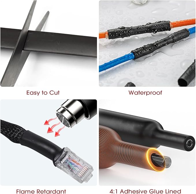 Heat Shrink Tubing 4:1 Dual Wall Adhesive Liner Wires Cable Wraps Connection Protection (Black, 5/8"-18ft)