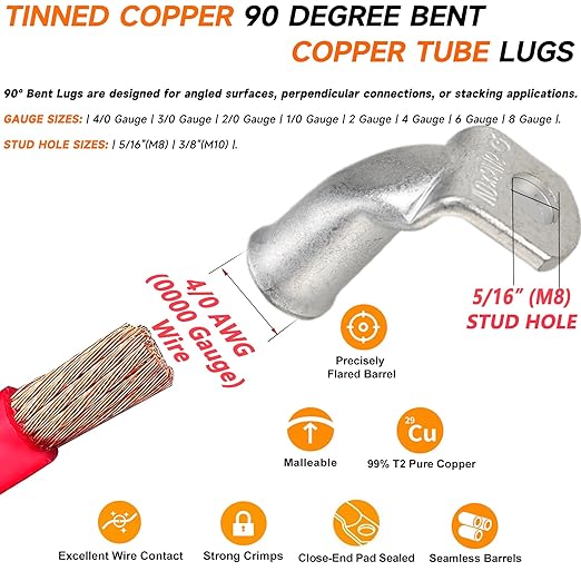 Tinned Copper Cable Lugs 8pcs 4/0 AWG-5/16 90 Degree Bent Battery Lugs,Heavy Duty Wire Lugs,Ring Terminal,4/0 Guage terminals,Battery Cable Ends/Terminal Connectors with 8pcs 3:1 Heat Shrink Tubing