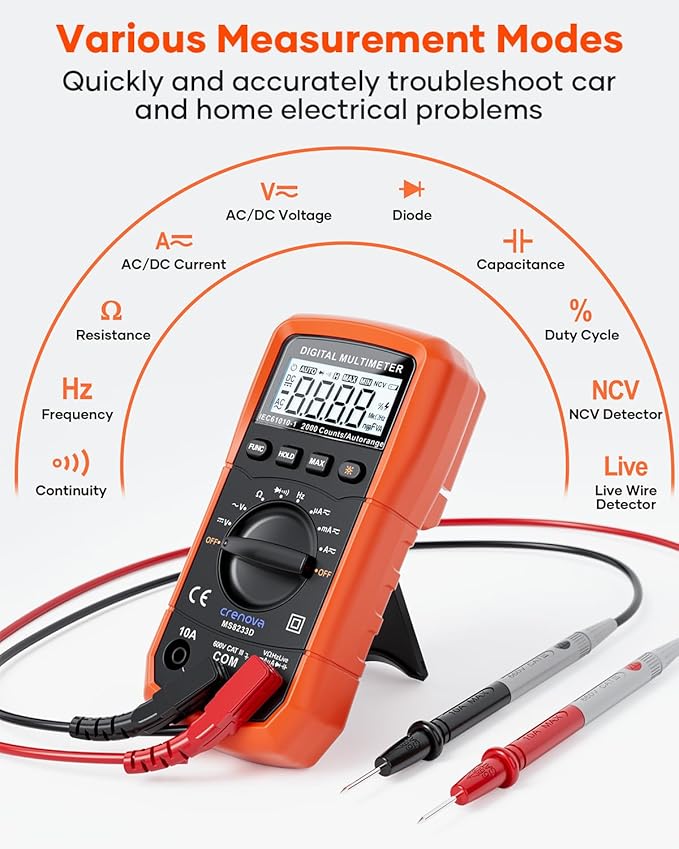 Crenova MS8233D Multimeter 6000 Counts Digital Multimeter DC AC Volt Meter Ohm Volt Amp Tester Measures Voltage Current Resistance Capacitance Continuity Diode Duty-Cycle Frequency NCV Live Wire Test