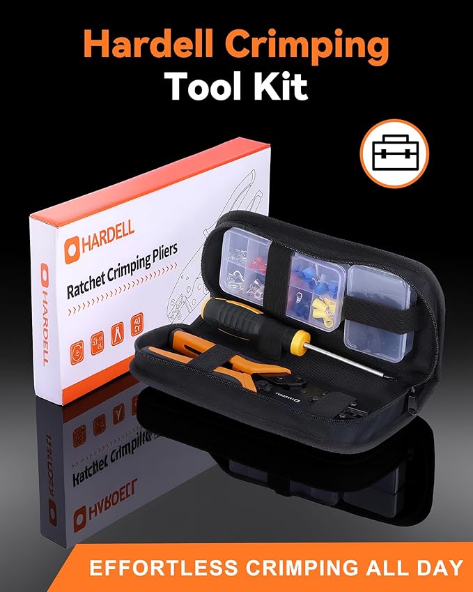 HARDELL Crimping Tool for Heat Shrink AWG22-10, Wire Crimping Tool with 90 PCS Wire Connectors, 3 Interchangeable Dies, Anti-Slip Grip, Electrical Connectors Kit Ratchet Wire Terminal Crimper