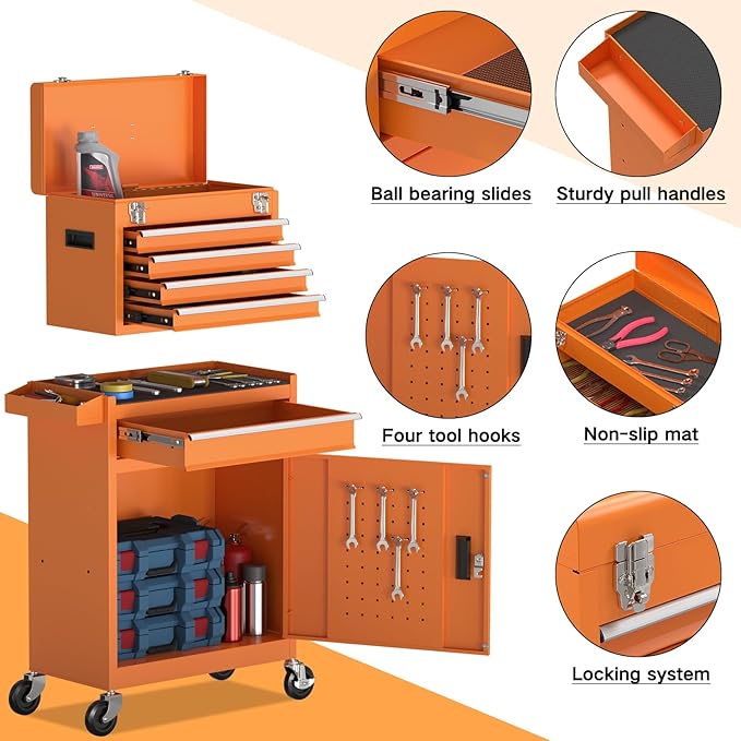 5-Drawer Rolling Tool Chest,Garage Storage Tool Box with Wheels,Lockable and Detachable Tool Cabinet,Heavy Duty Metal Tool Cart with Wheels for Garage,Warehouse,Workshop (Orange)