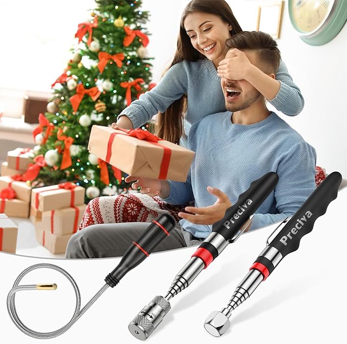 Preciva Telescoping Magnetic Pickup Tool Set - with 16 lb Pick Up Sticks, Telescoping Flexible LED Flashlight, Flexible Magnet Pick Up Sweeper - Fathers Day Christmas Day Gifts for Men