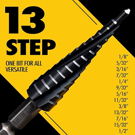 Four Spiral Flute Cobalt Step Drill Bit, 1/8" - 1/2" M35 TiAlN Coating Impact Ready Unibit Step Drill Bit, 1/4" Hex Shank Step Bit for Metal, Stainless Steel, Aluminum, Plastic