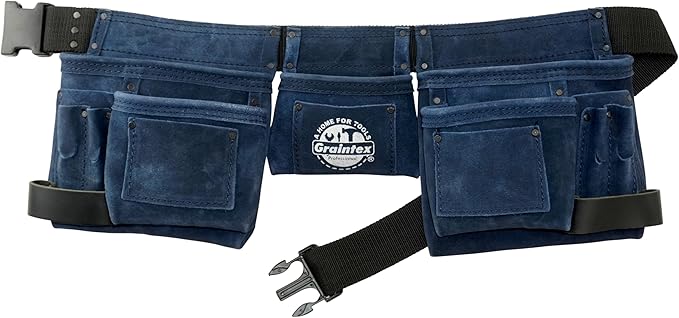 Graintex DS2346 11 Pocket Navy Blue Color Suede Leather Tool Belt/Tool Bag/Work Apron, 2 Hammer Loop, Adjustable Belt | Construction, Carpenter, Roofing Tools, Drywall Tools, Gardening