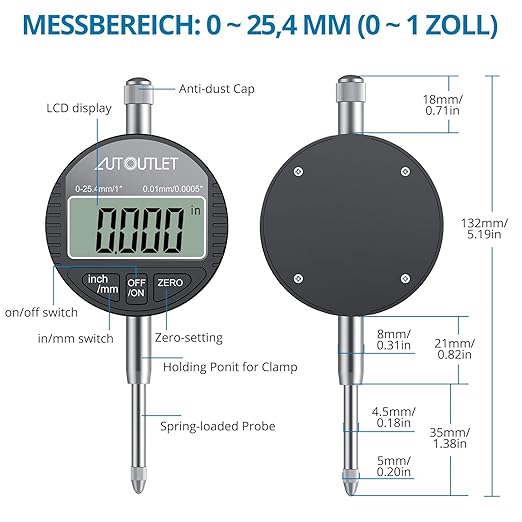AUTOUTLET Digital Dial Indicator with Magnetic Base, Long Arm 0-1" with Professional Dial Gauge 0.0005",Inch/Metric Conversion for Lathe and Milling Machine Alignment