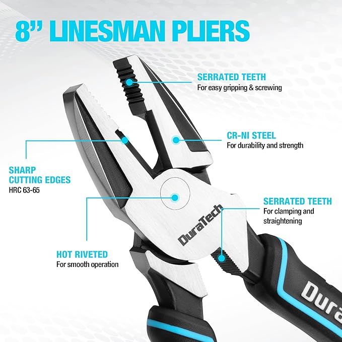 DURATECH 8" High Leverage Linemans Pliers, Cr-Ni Side Cutters, Linesman Pliers for Wire Cutting, Crimping