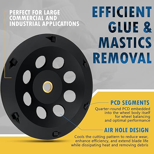 7" PCD Grinding Wheel for Epoxy, Glue, Mastic and Paint, 6 PCD Segments, 7/8"-5/8" Non-Threaded Arbor