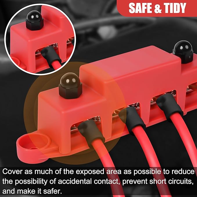Bus Bar 12v Power Distribution Block 250A Bus Bar with 4 x 5/16" Studs Marine Battery Busbars Terminal Ground Distribution Block with Cover for Automotive, Boat, Car, Solar Wiring (Pair, Red & Black)