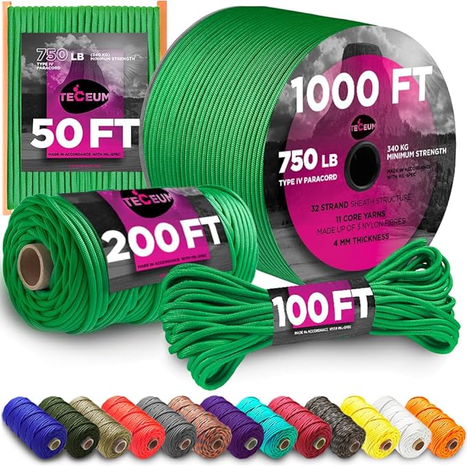 TECEUM 5/32" Paracord Rope 1000 – 1000ft / 200ft / 100ft / 50ft – Tactical Parachute Cord 4mm – 45+ Colors – Nylon String for Survival & Camping Gear – Stripe Cord for Survival – Utility Rope