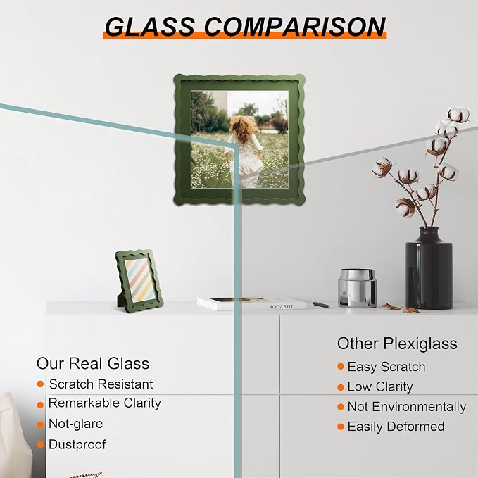 6x6 Picture Frame with Mat for 4x4, Wavy Edge Wooden Real Glass Photo Frame for - Image 2