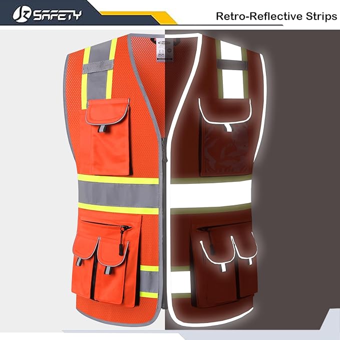 JKSafety 10 Pockets Hi-Vis Neon Color Frontal Zipper Mesh Safety Vest for Men Women Safety Utility for works Comply to ANSI/ISEA Class 2 (86-Orange XXL)
