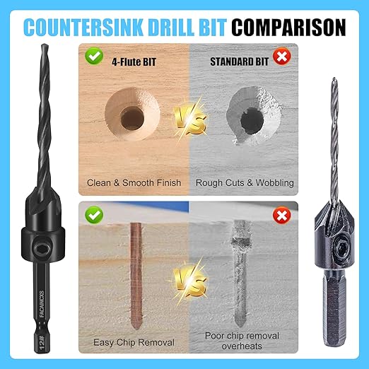 Countersink Drill Bit Set for Wood, 16 PCS High Speed Steel Woodworking Tapered Drill Bits Counter Sink Drill Bit with 2PCS 1/4" Hex Shank Wood Plug Cutter Quick Change with Storage Box