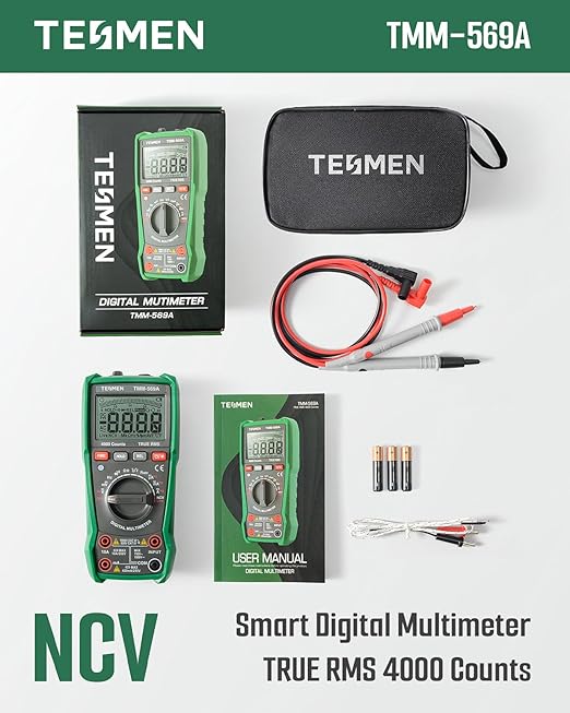TESMEN TMM-569A Digital Multimeter, TRMS 4000 Counts Ohmmeter, Auto-Ranging Voltage Tester with NCV, Voltage & Current, Resistance, Continuity, Diode, Capacitance, Phase, Temperature, Live Wire -Green