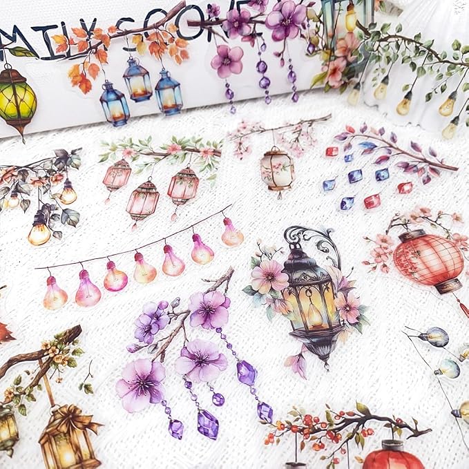 50PCS Watercolor Hanging Lantern and String Light Stickers – Clear Tree Branch - Image 3