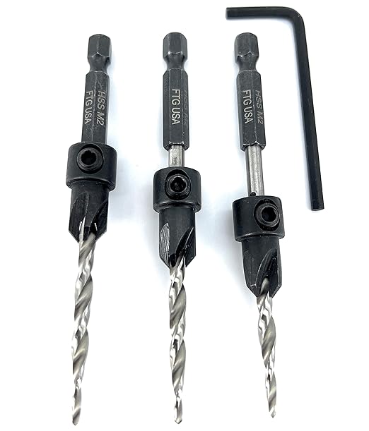 FTG USA Adjustable Wood Countersink Drill Bit Set 3 Pc #8 (11/64") with Tapered Drill Bits for Woodworking