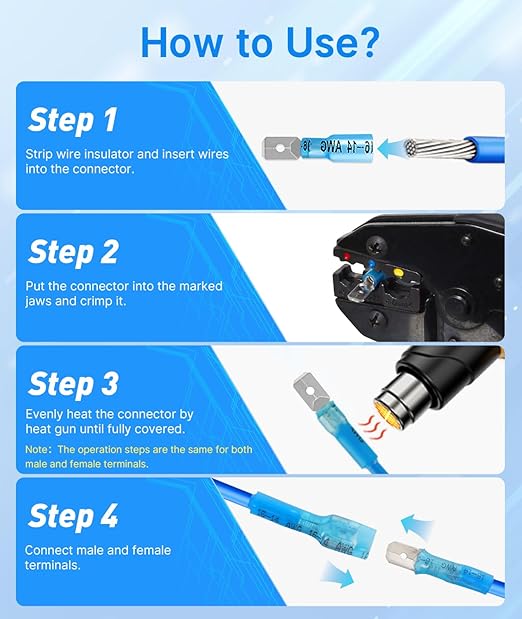 Kuject 130PCS Heat Shrink Wire Connectors, 22-10 AWG Electrical Insulated Male Female Wire Spade Terminals, Quick Disconnect Waterproof Crimp Butt Terminals for Automotive Marine Boat Truck