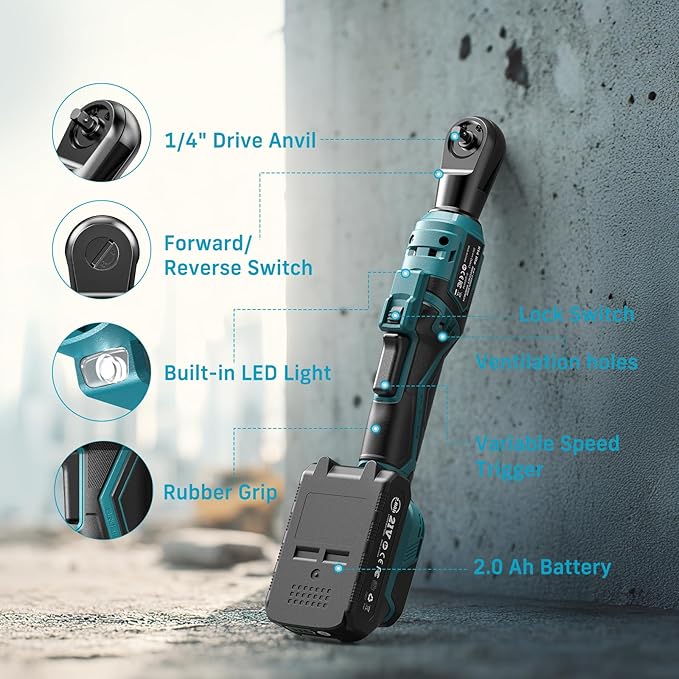 Seesii Cordless Electric Ratchet Wrench: 50Nm Torque 220RPM, 1/4" Power Ratchet Set w/ 2×2.0Ah Batteries, 5 Sockets, Fast Charger, 3" Extension, Carrying Bag - for Auto Repair, DIY, Motorcycle