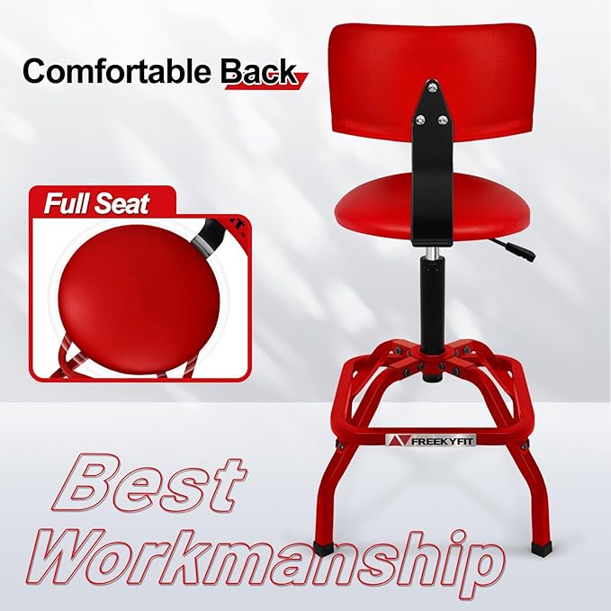 Shop Stool with Backrest, Mechanic Garage Stool for Workshop, Adjustable Stool Chair, Padded Workbench Stool for Men Women, 300 LBS Capacity, 360° Swivel PVC Seat, Heavy Duty, Red
