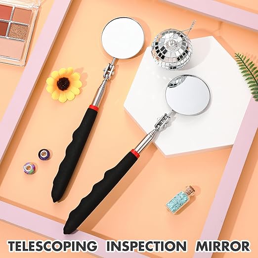 2 Pcs Telescoping Inspection Mirrors, Mechanics Mirror Tool with Long Handle, Round Extendable Mirror on a Stick for Technicians Mechanics Contractors Checking Observation (50mm,Black)