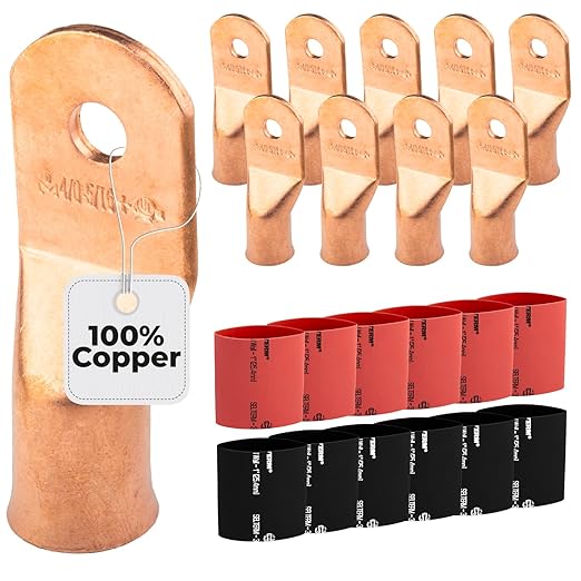 SELTERM 10pcs - 4/0 Awg (XL) 5/16" Stud - Battery Lugs - Ring Terminal Connectors with 12pcs 3:1 Black & Red Heat Shrink Tubing with Adhesive, Heavy Duty Battery Cable Ends - Bare Copper Wire Lugs Kit
