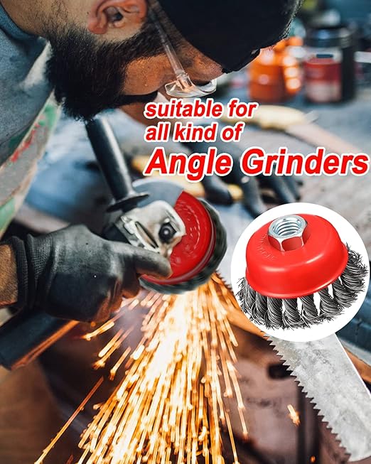 4" Coarse Twisted Knotted Wire Wheel Cup Brush for Angle Grinder, 5/8 Inch-11 Threaded Arbor, 0.020" Carbon Steel Brush for Heavy Cleaning Rust, Abrasive (4)