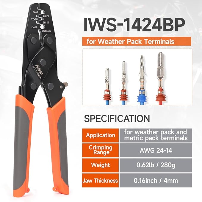iCrimp Ratchet Weather Pack Sealed Connector Crimping Tool, Wire Crimper for AWG24-14 Waterproof Terminals with Locking Feature IWC-1424BP
