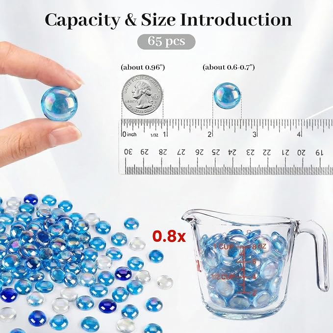 DomeStar 65PCS Iridescent Blue Flat Marbles, Decorative Glass Pebbles | Vase - Image 2