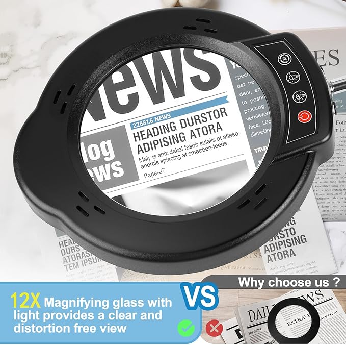 12X Magnifying Glass with Light and Stand, Upgrade Real Glass Magnifying lamp - Image 4