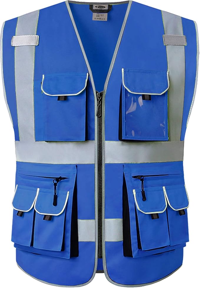 JKSafety 10 Pockets Blue Color Safety Vest Zipper Front with High Reflective Strips Meets ANSI/ISEA Standards (88-Blue, Large)