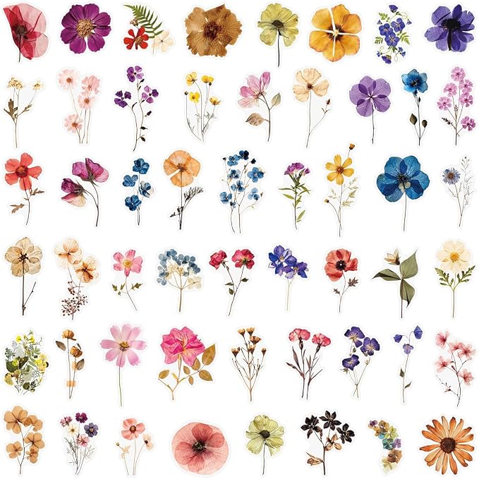 50 PCS Pressed Flowers Stickers Pack, Cute Waterproof PET Transparent Sticker - Image 3