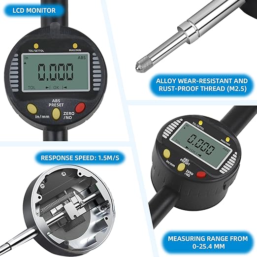 Precision Digital Dial Gauge,Dlectrical Digital Indicator Accuracy of 0.001mm/0.00005 "Metric and Imperial Measure Tool Electronic Dial Gauge with A Range of 25.4mm,for 3D Printing,CNC Machine