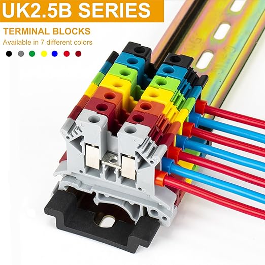 Erayco UK2.5B-BL DIN Rail Terminal Block, Screw Clamp, 600V 20A 24-12AWG, Pack of 100