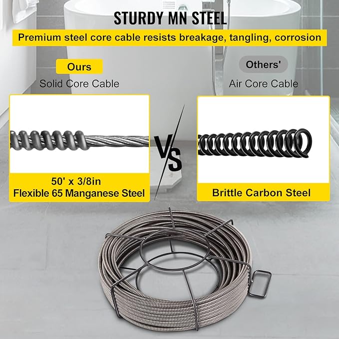 VEVOR Drain Cleaning Cable 50 Feet x 3/8 Inch Solid Core Cable Sewer Cable Drain Auger Cable Cleaner Snake Clog Pipe Drain Cleaning Cable Drain Auger Snake Pipe