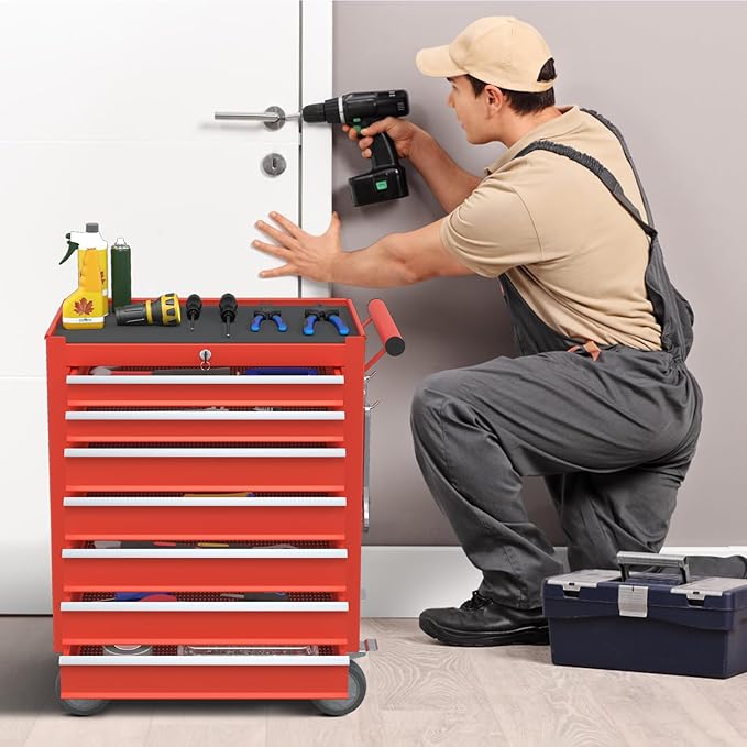 7-Drawer Rolling Tool Chest,Metal Rolling Tool Chest with Wheels and Locking Tool Box,Portable Metal Tool Box for Warehouse,Garage, Repair Shop, Workshop (Red, 7-Drawer)
