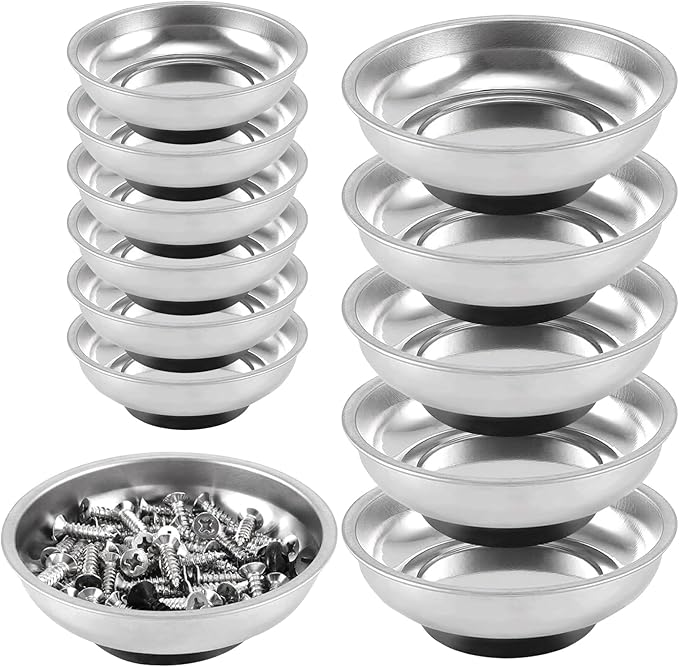 FUNSUEI 12 Packs 6 Inch and 3 Inch Magnetic Tray Set, Stainless Steel Magnetic Bowl, Round Magnetic Parts Tray for Pins, Screws, Bolts, Nuts, Small Parts