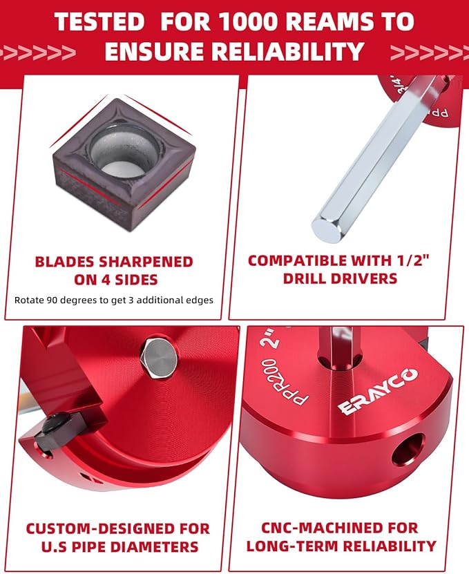 Erayco PPR150 1-1/2 Inch Plastic Pipe Fitting Reamer, PVC Pipe Reamer for Schedule 40 PVC Pipe, Fit into Standard 1/2" Drills, Suit for Water Lines, Drain Lines, Vent Lines