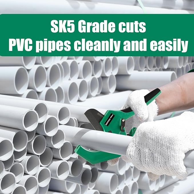 Ratcheting PVC Pipe Cutter- for up to 3-inch OD(Sch 40/80 Pipe) | SKD5 Steel Blade | Professional Plumbing Tool for DIY, Gardening，Plumber(Dark Green,75MM)