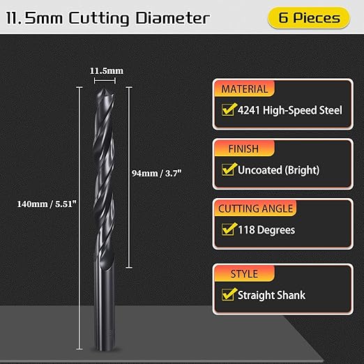 Drill Bit, 11.5mm Cutting Diameter, 4241 HSS Nitriding Black 118° Cutting Angle Versatile Jobber Bits - (Applications: for Drilling Plastic Wood Soft Metal), 6-Pieces