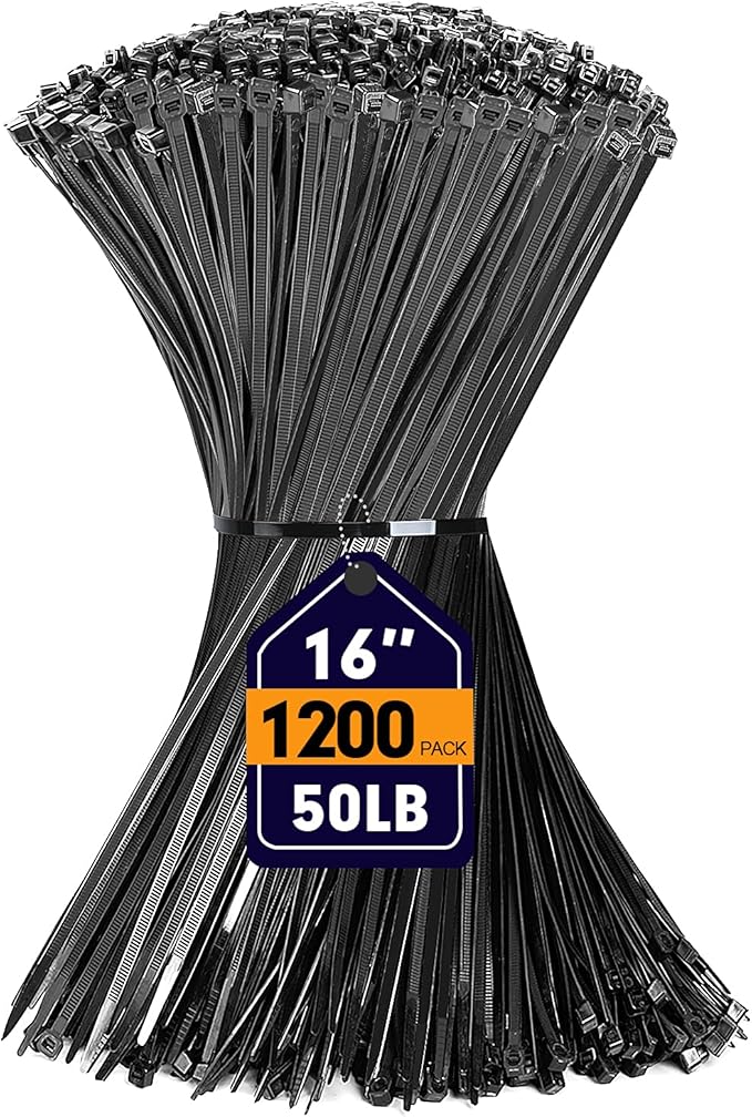 Zip Ties, RAZCC 1200pcs Black Cable Zip Ties 16 Inch, Heavy Duty Plastic Wire Ties with 50lb Tensile Strength, Self-Locking Black Nylon Tie Wraps for Indoor and Outdoor