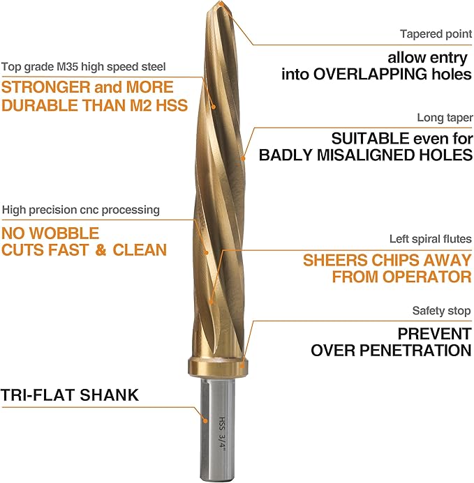 M2 HSS Taper Chucking Reamer 5pcs Set, 3/8", 1/2", 9/16", 5/8", 3/4", Fit 3/8" or 1/2" Shank Chuck, Spiral Flute, Bridge/Construction Reamer for Steel, Alloy, Aluminum, Wood, Plastic