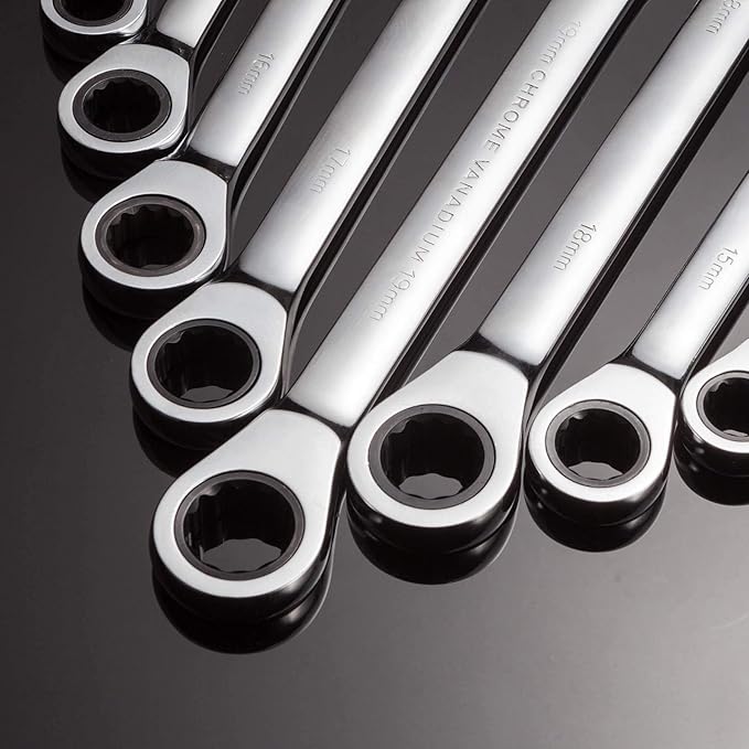 Ratchet Spanner Set Combination Wrench 12 Piece Metric Sizes from 8mm to 19mm with Roll Bag, Perfect for Home, Bike, Car Repairs