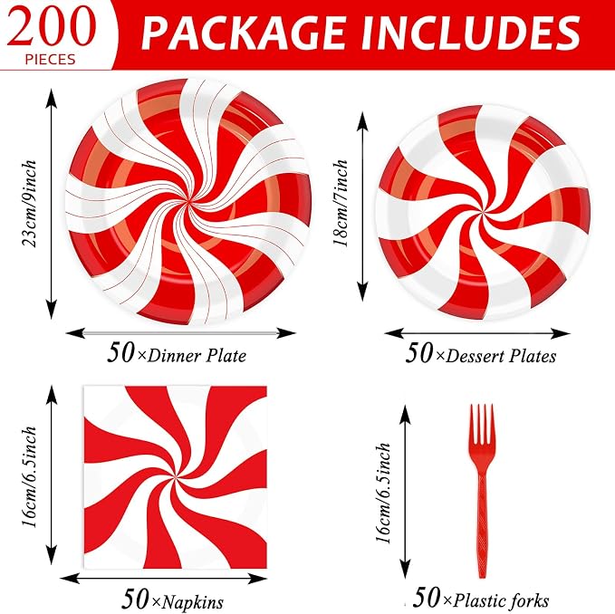 50 Guests Christmas Candy Cane Plates and Napkins Party Supplies Peppermint - Image 2